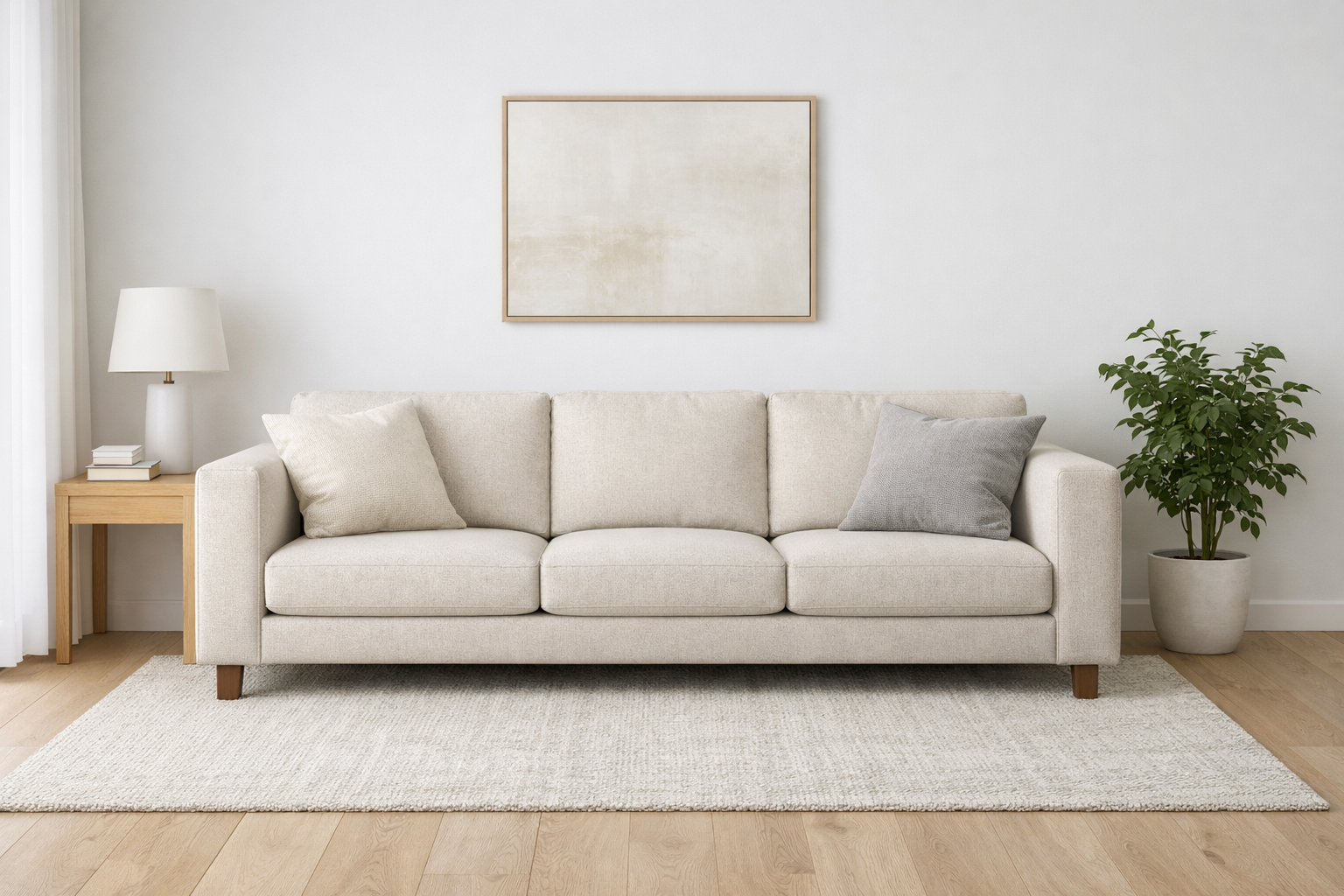 Used couch in a bright living room, clean and ready for photos