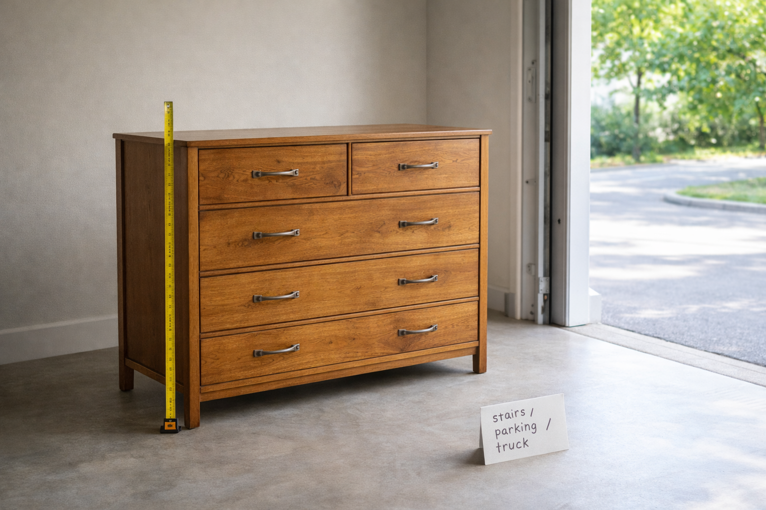How to price furniture for resale with a pickup setup photo: clear path, tape measure, and stairs parking truck note.