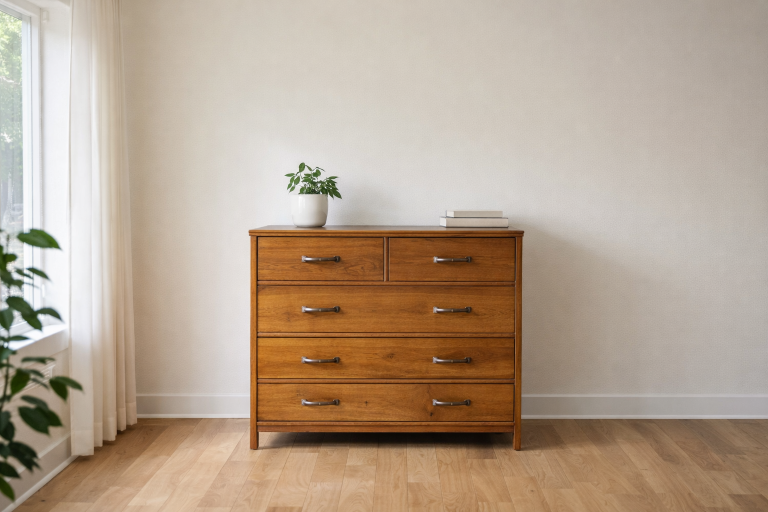 How to price used furniture with a clean dresser in bright daylight.