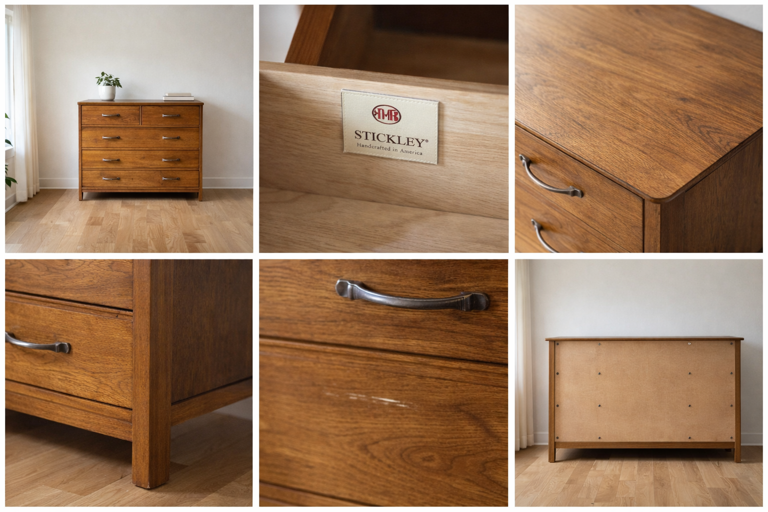 How to value used furniture with a photo checklist collage: wide shot, label, flaws, legs, surface, and back.