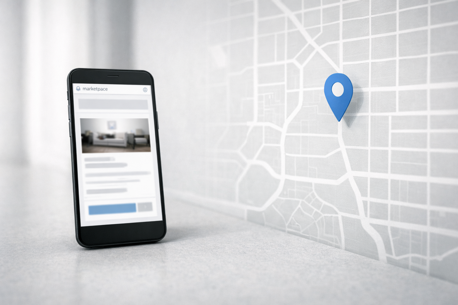 Phone showing a clean local search card with an abstract San Diego pin and map-like grid