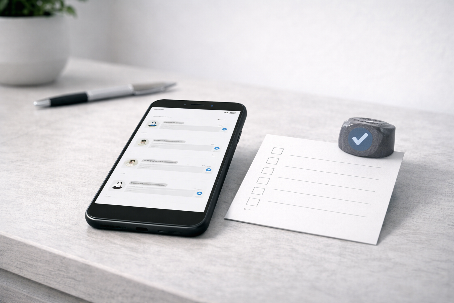 Phone with muted notifications beside a blank checklist card and a simple stamp icon shape