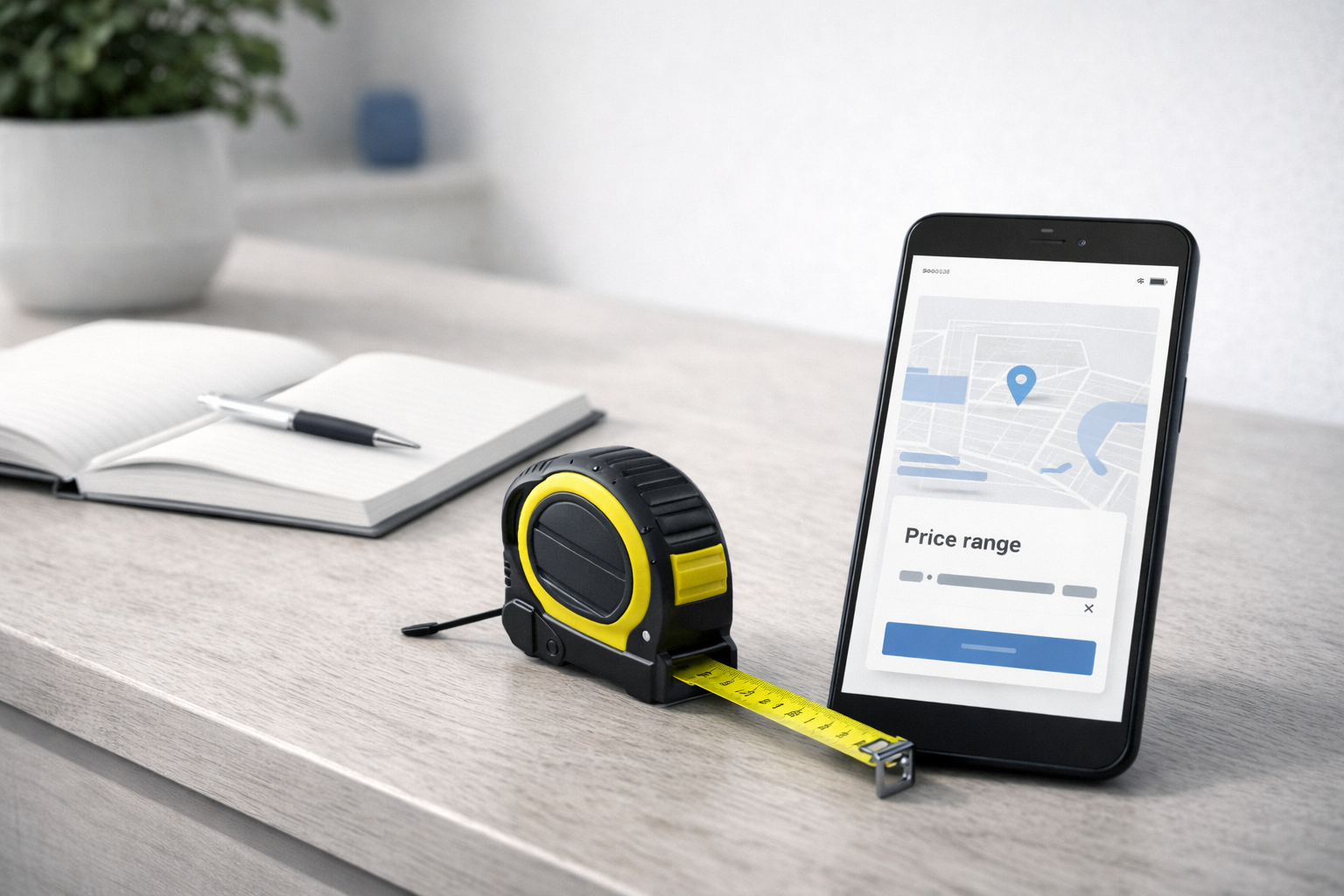 Tape measure and phone showing a clean price range card used to price furniture in San Diego