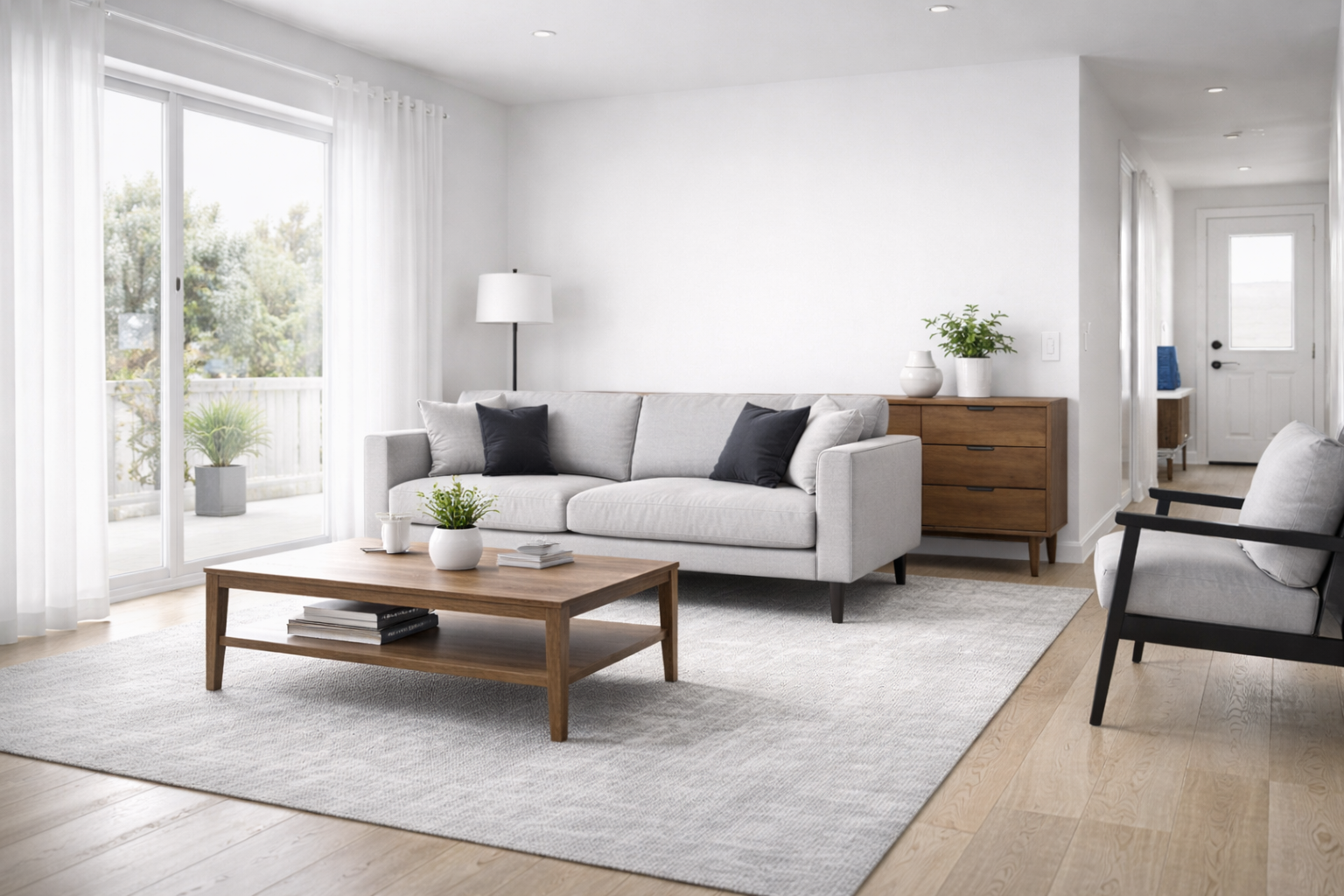 Wide bright room photo showing a full furniture setup that helps buyers decide fast