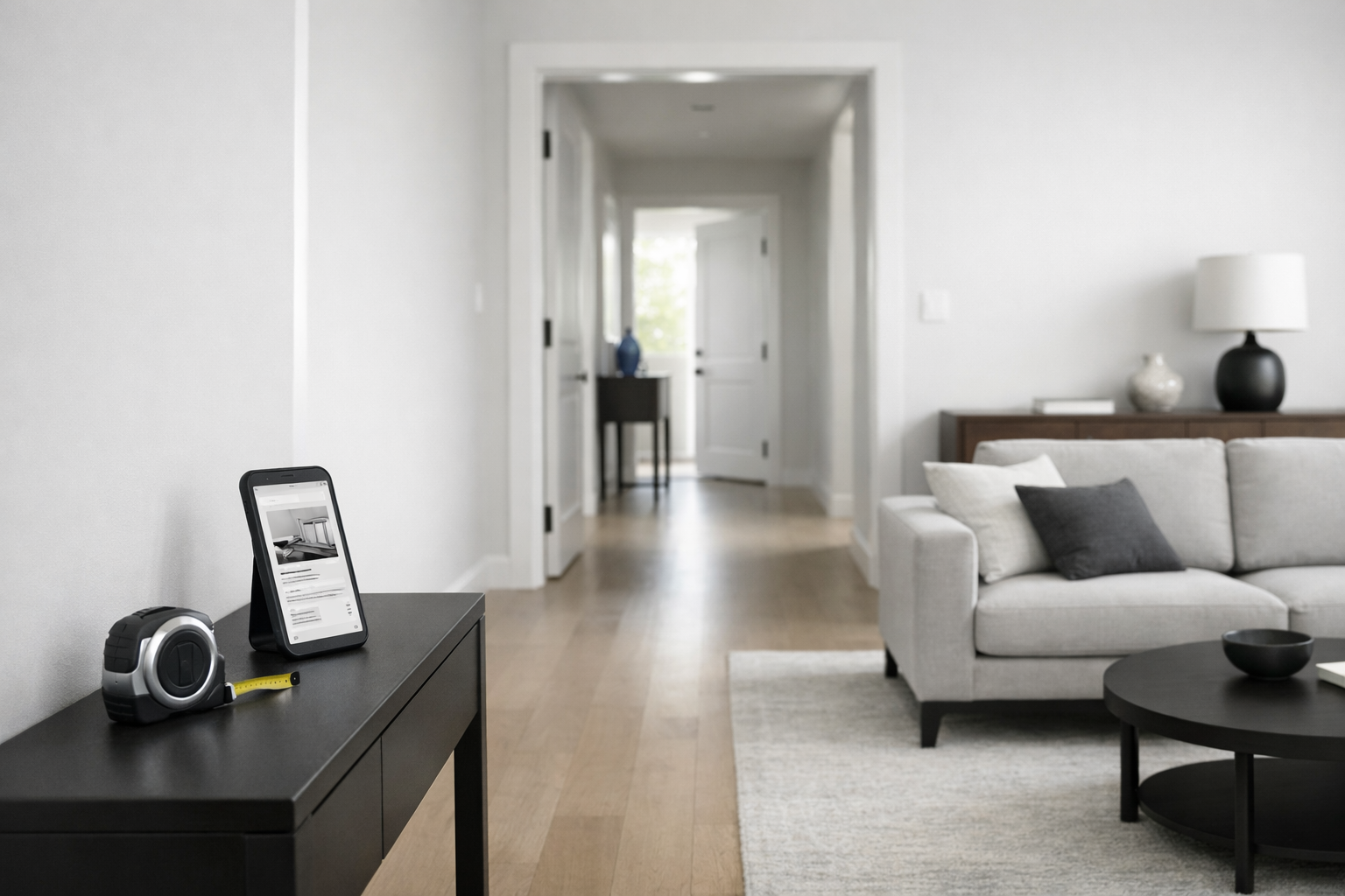 Bright Austin room with a sofa staged near a clear pickup path to the door