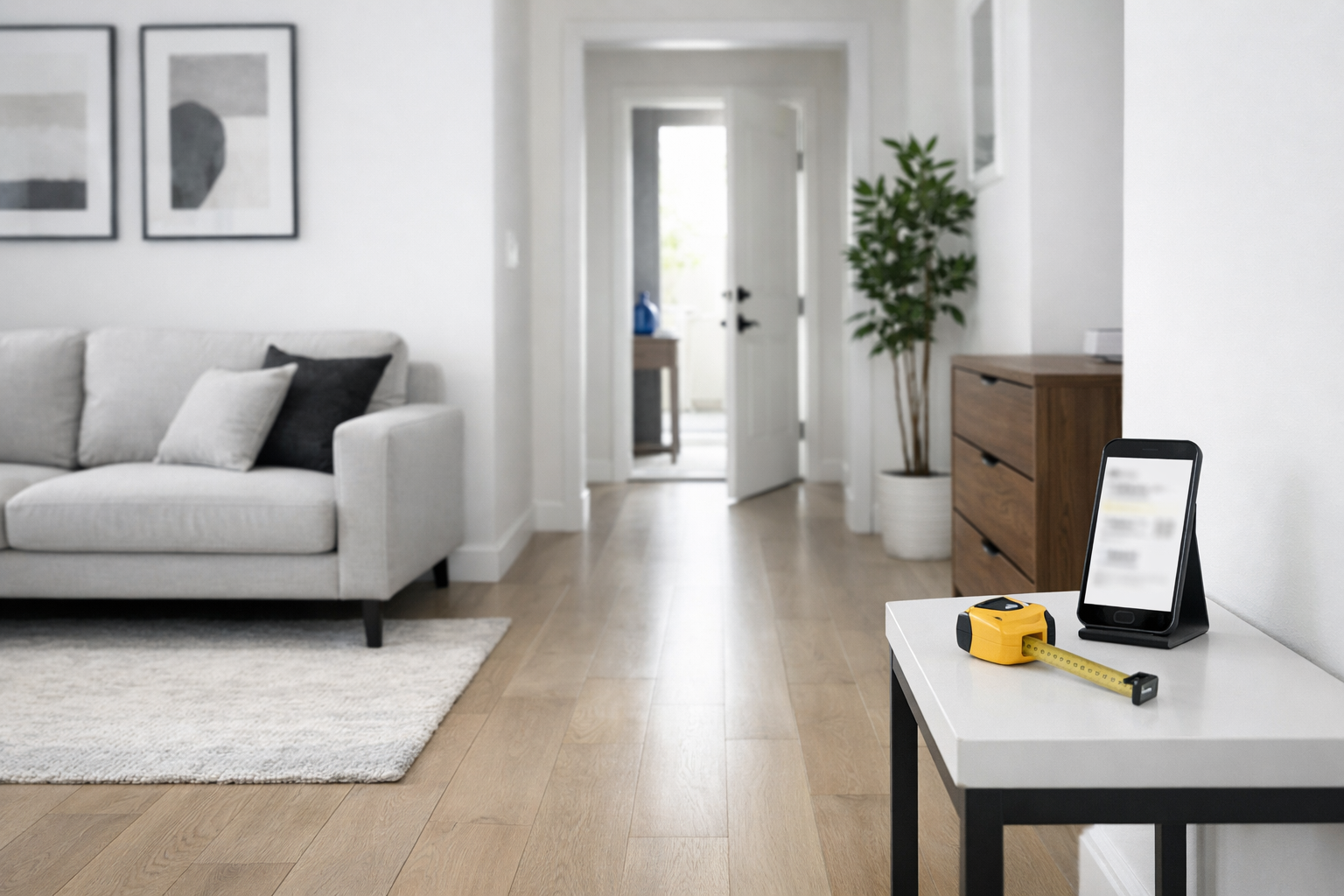 Bright San Diego room with a sofa staged near a clear pickup path to the door