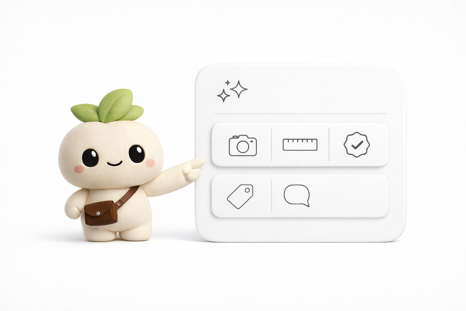 Sprout pointing to a listing card with icons for condition, dimensions, price, and messages.