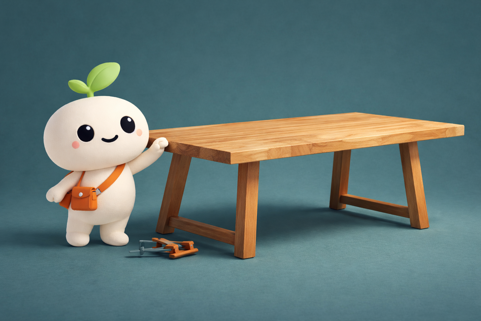 Sprout mascot beside a finished custom wood credenza with an approval check.
