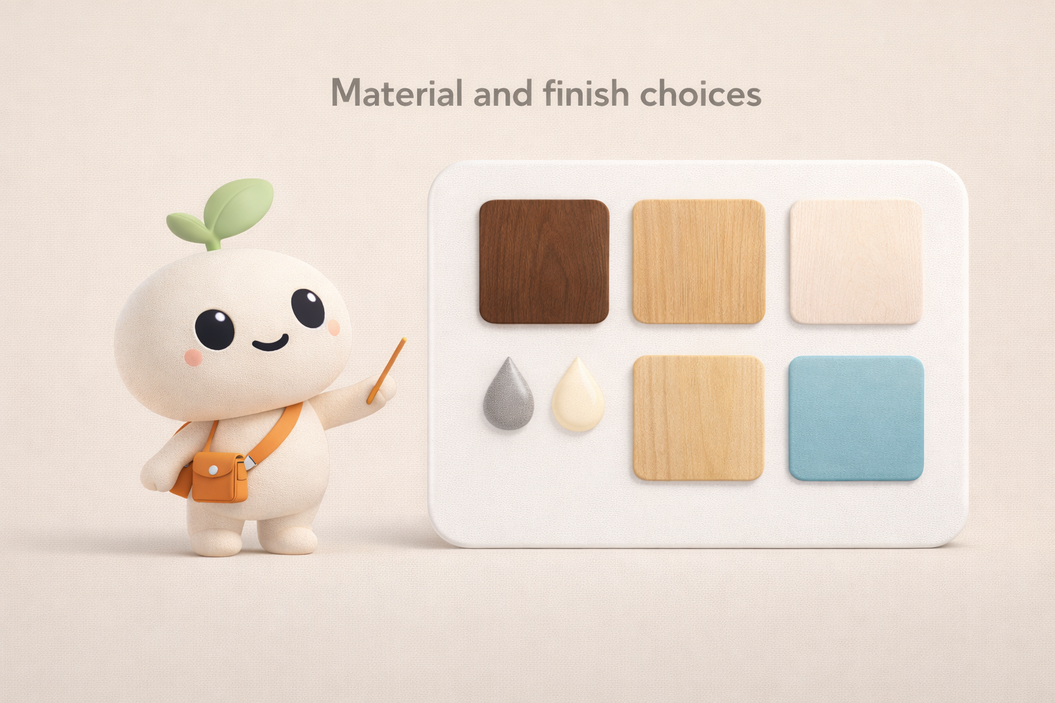 Wood samples and finish icons displayed on a board beside Sprout.
