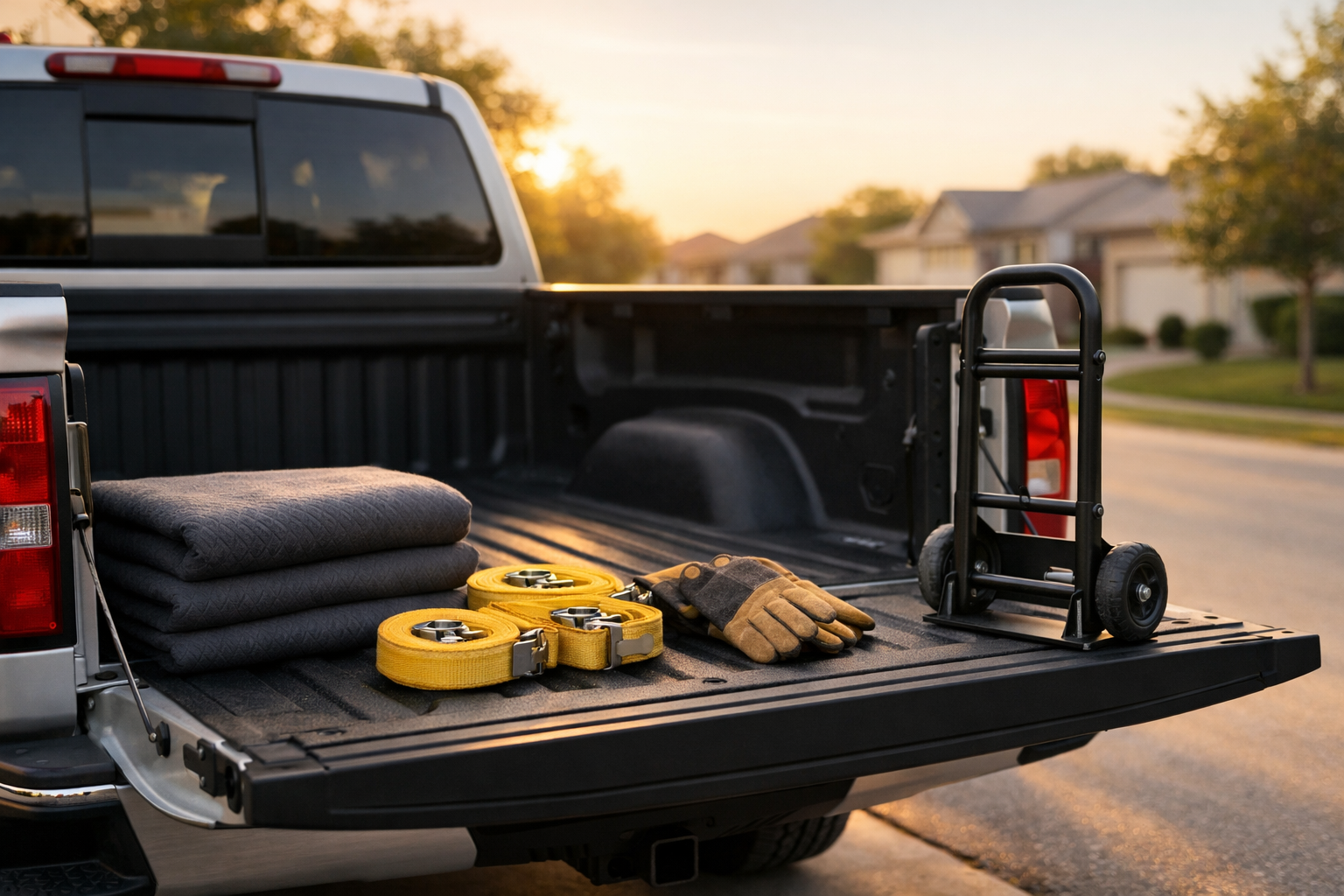 Pickup truck gig setup kit with straps, blankets, and dolly