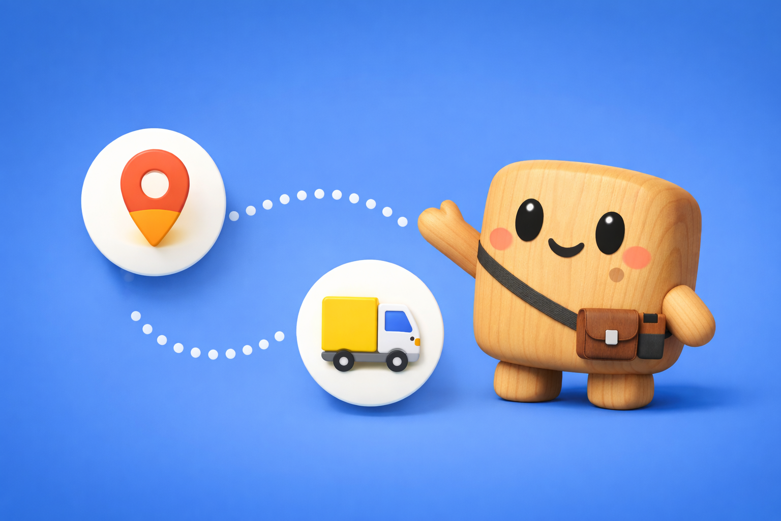 Chip holding a location pin bubble and a small truck bubble with a dotted path.