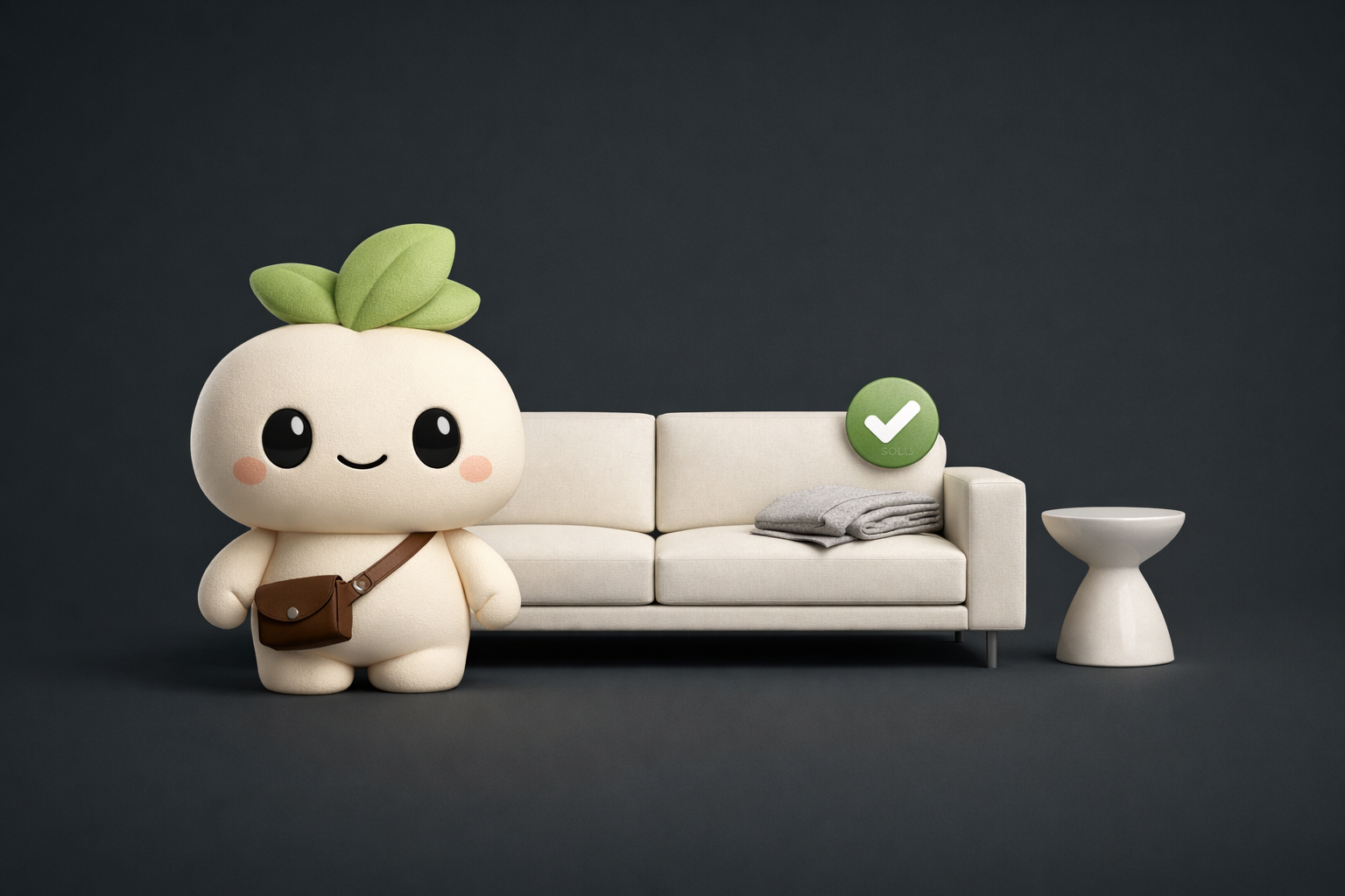 Sprout mascot beside a staged designer sofa and side table with a sold check badge.