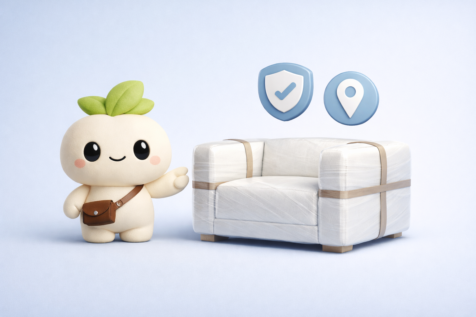 Sprout beside a wrapped furniture bundle with shield and in-home placement icons.