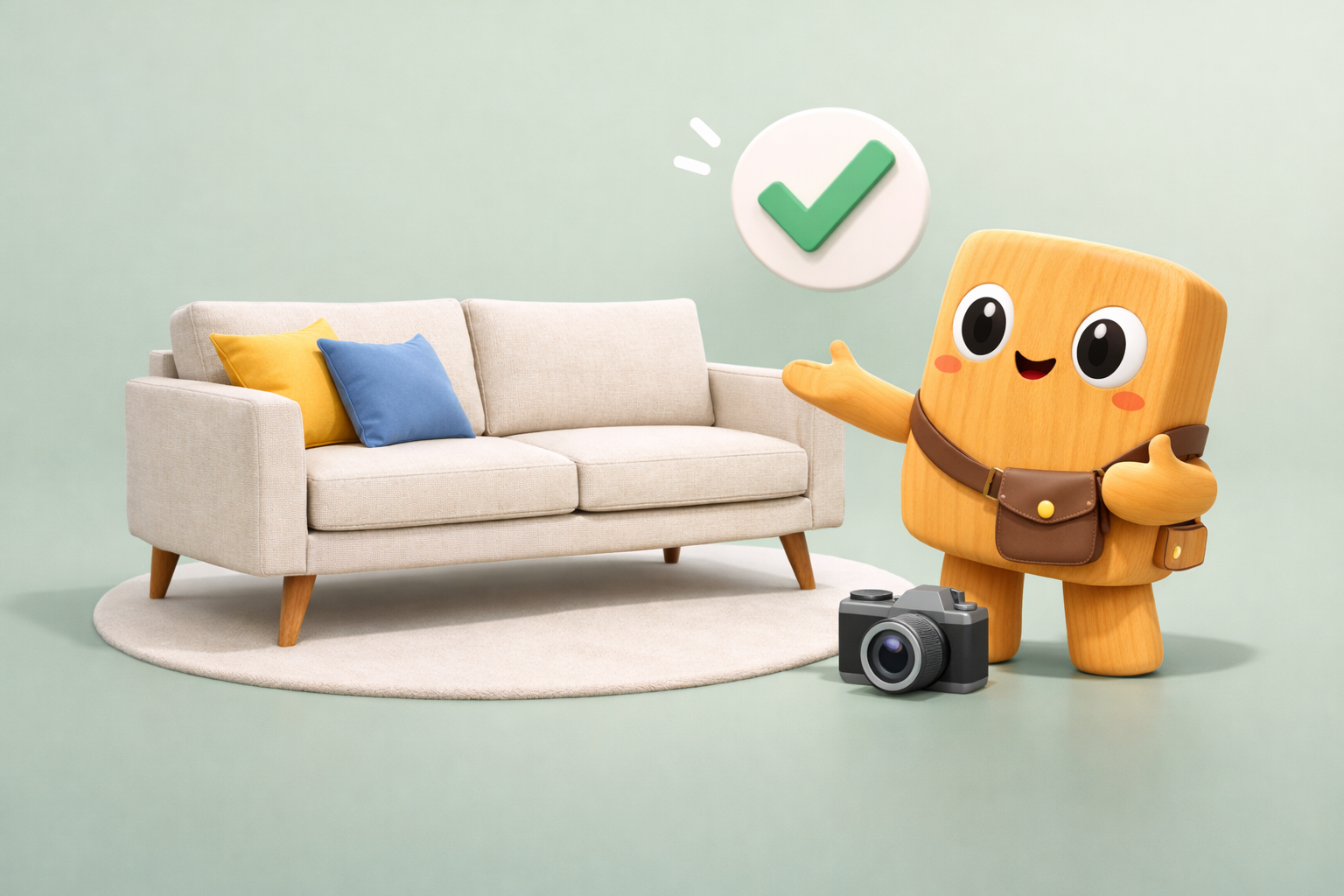 Chip beside a sofa with camera and checkmark cues