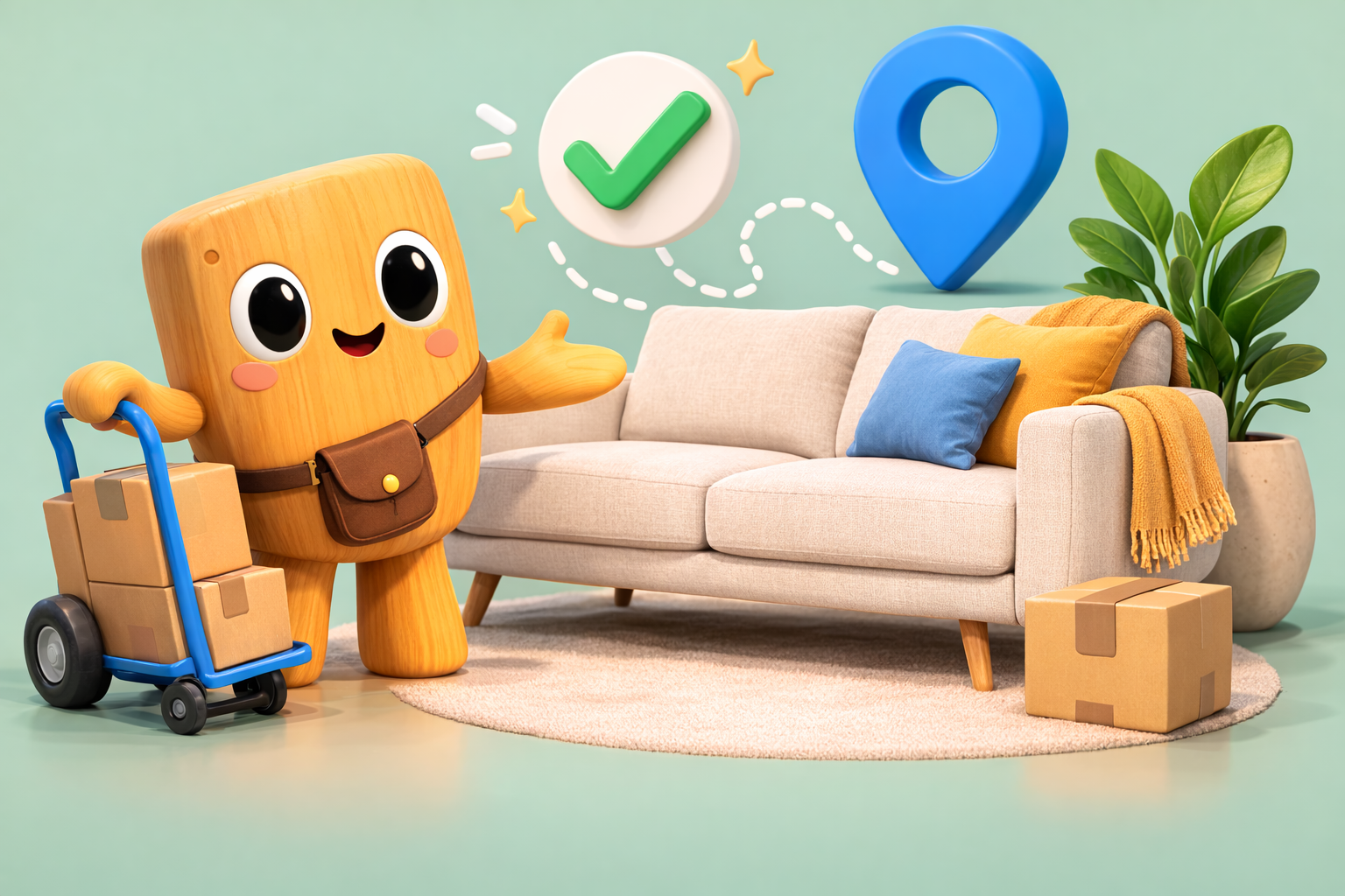 Chip with sofa, map pin, and moving help cues