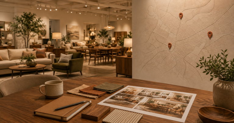 Furniture showroom with a subtle local market map, representing furniture advertising and local sponsorship opportunities.