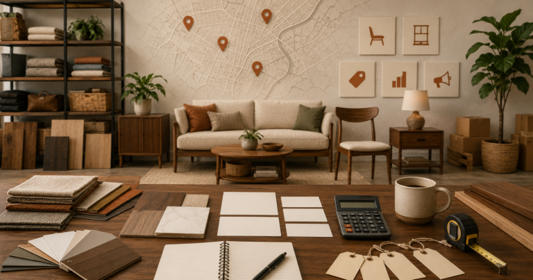 Furniture business plan planning scene with samples, pricing cards, and local market map