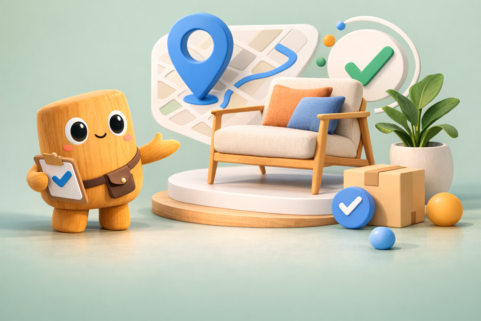 Premium marketplace visual showing a furniture dealer using polished product pages and local discovery to validate demand before scaling