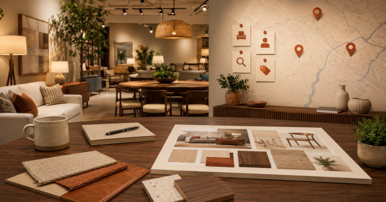 Premium visual showing a local furniture showroom marketing strategy with buyer intent, channel planning, and marketplace discovery