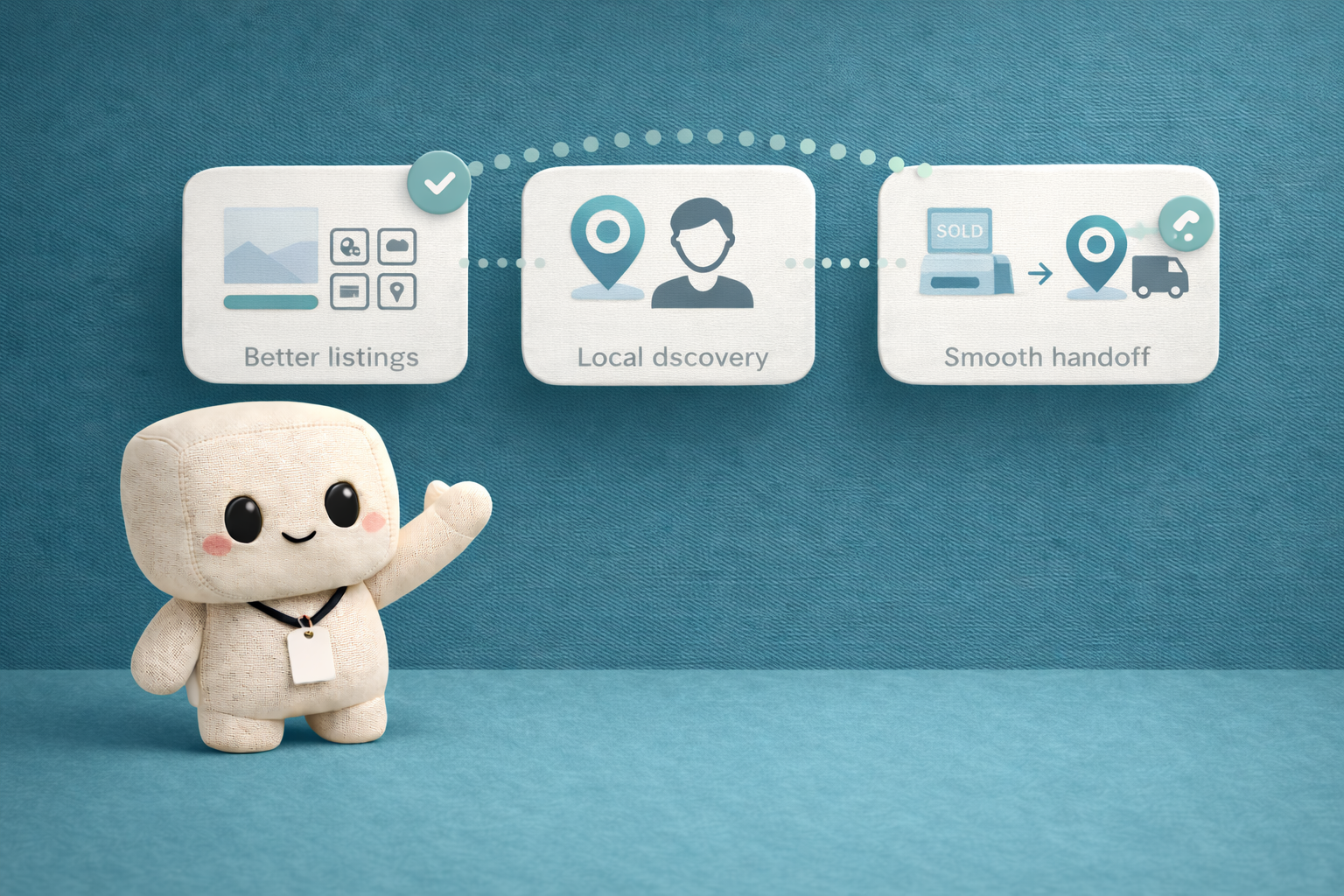Clean premium marketplace visual showing a furniture store getting first buyers through listings, local discovery, and easy handoff