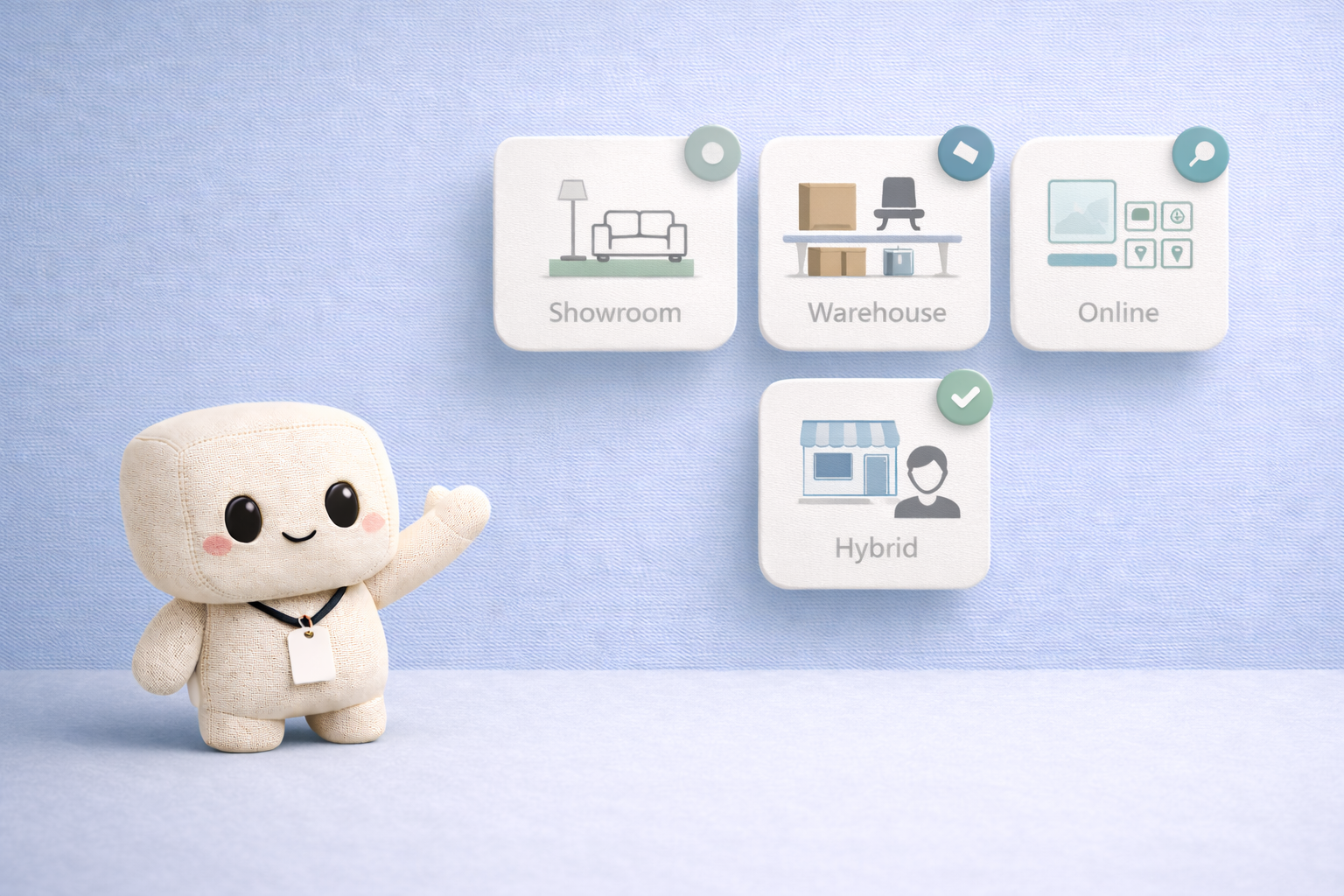 Elegant furniture retail scene showing four launch paths: showroom, warehouse, online store, and hybrid model