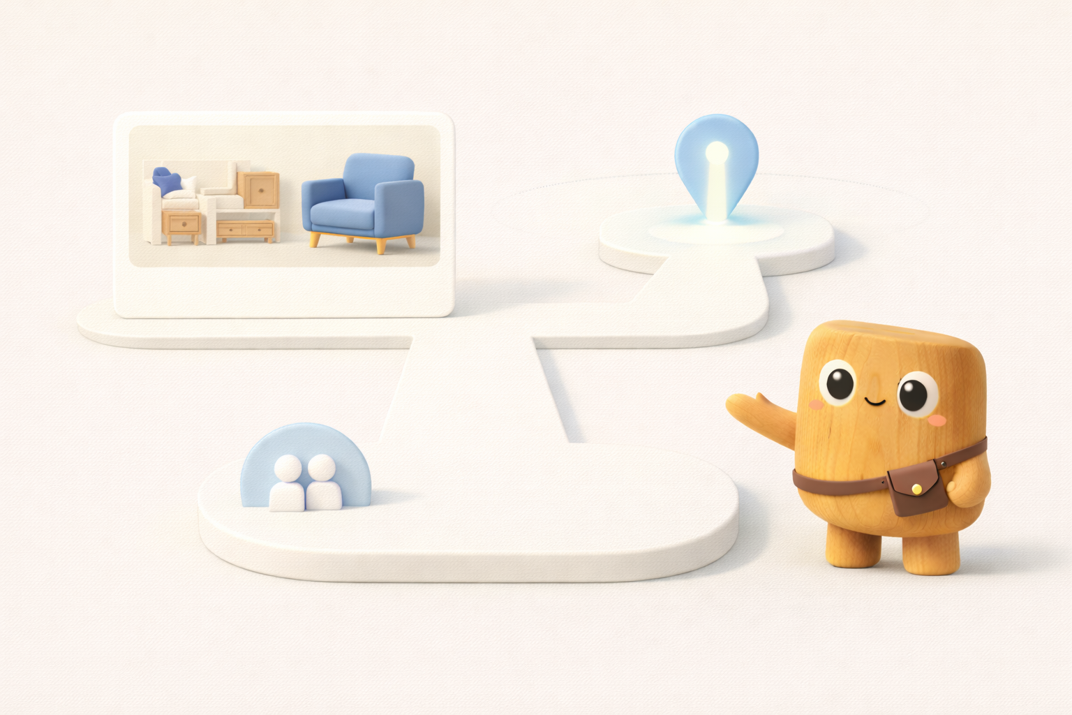 Premium visual showing a furniture dealer business with brand access, product catalog, pricing rules, and local buyer path