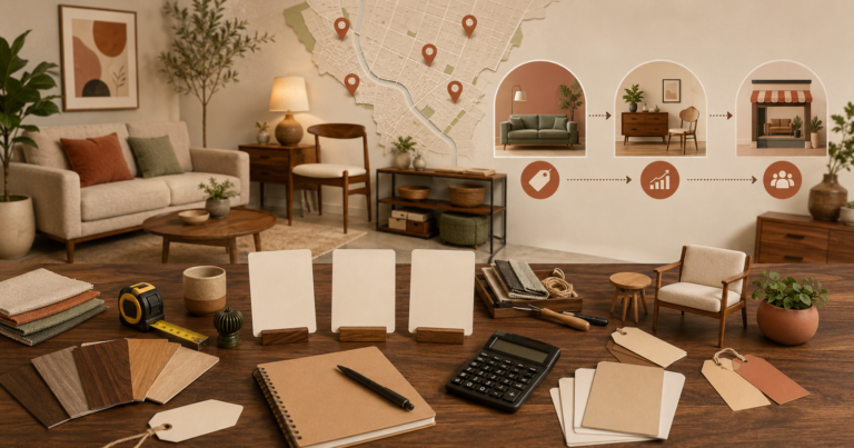 Furniture business planning scene with material samples, pricing tags, calculator, starter inventory, and local market map.