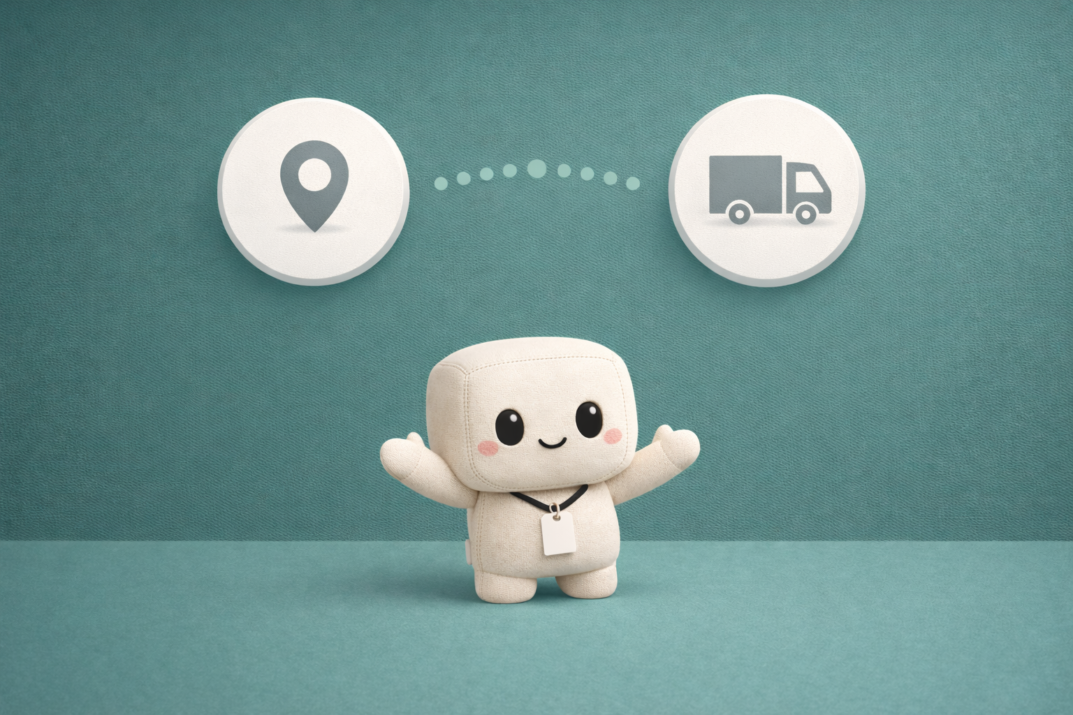 Chip holding location pin and truck icons connected by a dotted path line.