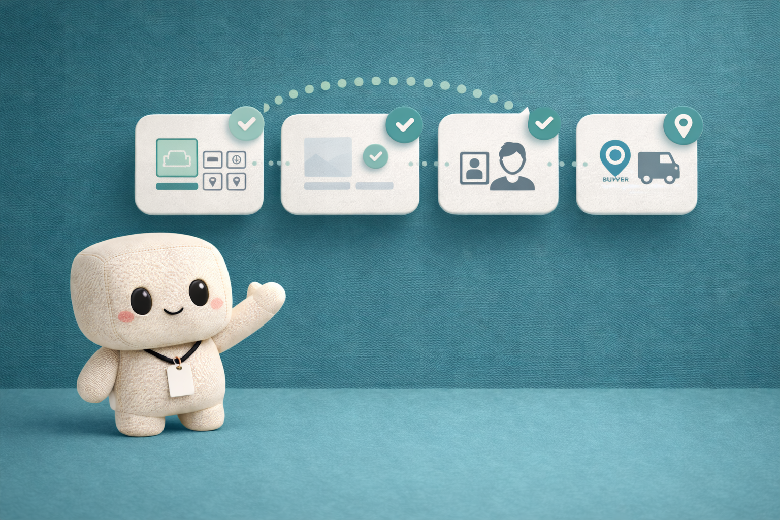 Simple step-by-step launch visual for a furniture business with niche, listing, buyer, and pickup flow in a clean premium SaaS style