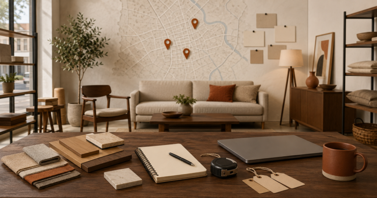 Lean furniture store startup planning scene with curated sample pieces