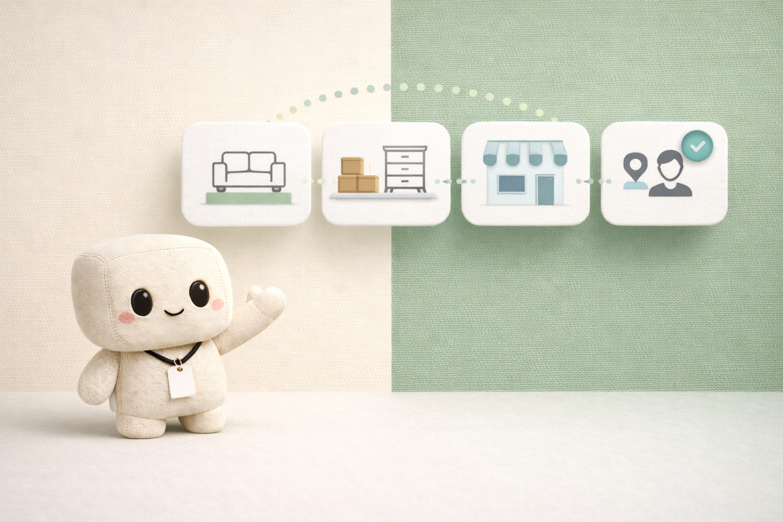 Premium visual showing a simple furniture store launch path with niche, inventory, storefront, and first buyer steps