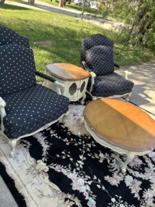 Sitting area thomasville french chairs Aubusson rug basset tables coffee table