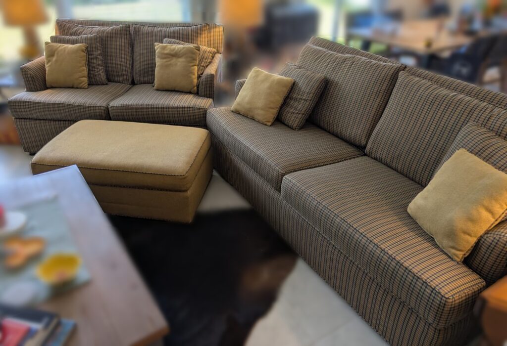 Ethan Allen Living Room Set - Custom Upholstered Couch, Love Seat, Ottoman, and Pillows