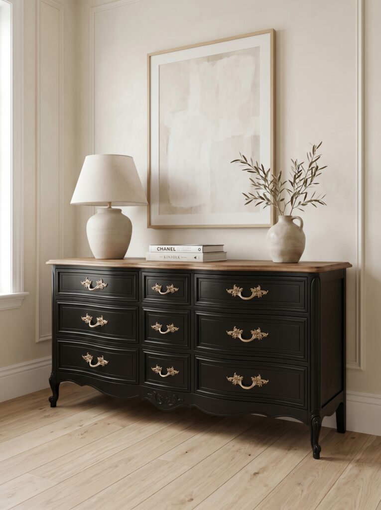 Restoration Hardware Style Black & Walnut French Provincial 9-Drawer Dresser — Solid Wood