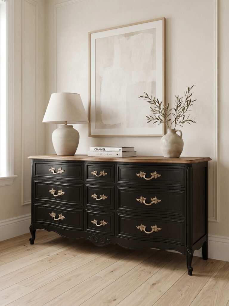 Restoration Hardware Style Black & Walnut French Provincial 9-Drawer Dresser — Solid Wood