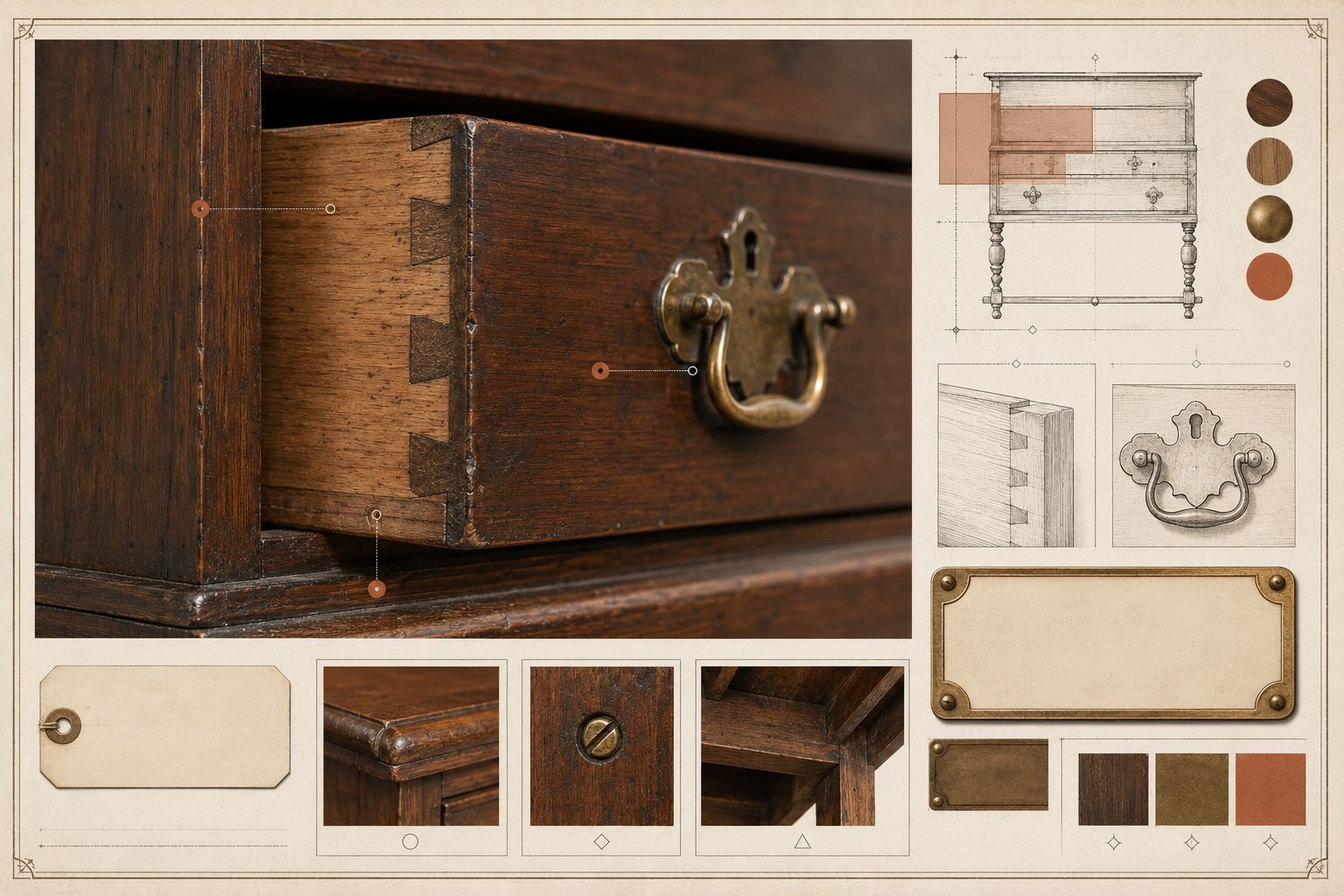 Annotated antique furniture detail study showing joinery, patina, hardware, and provenance cues.