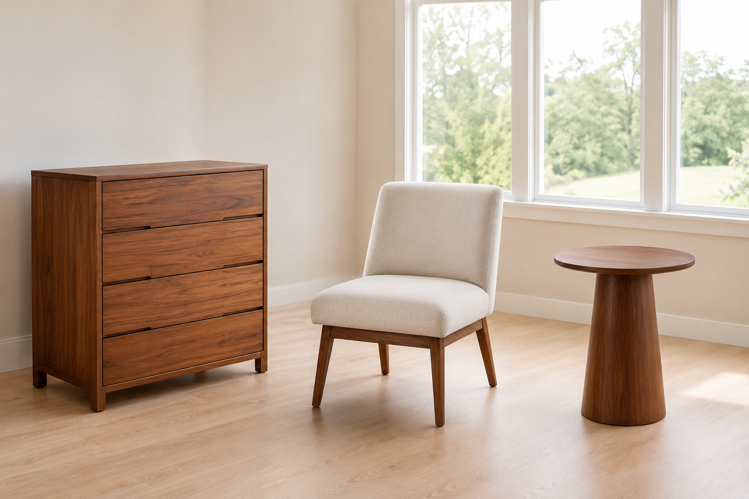 Three furniture pieces spaced apart in a bright room — a solid wood dresser, a mid-century accent chair, and a round side table.