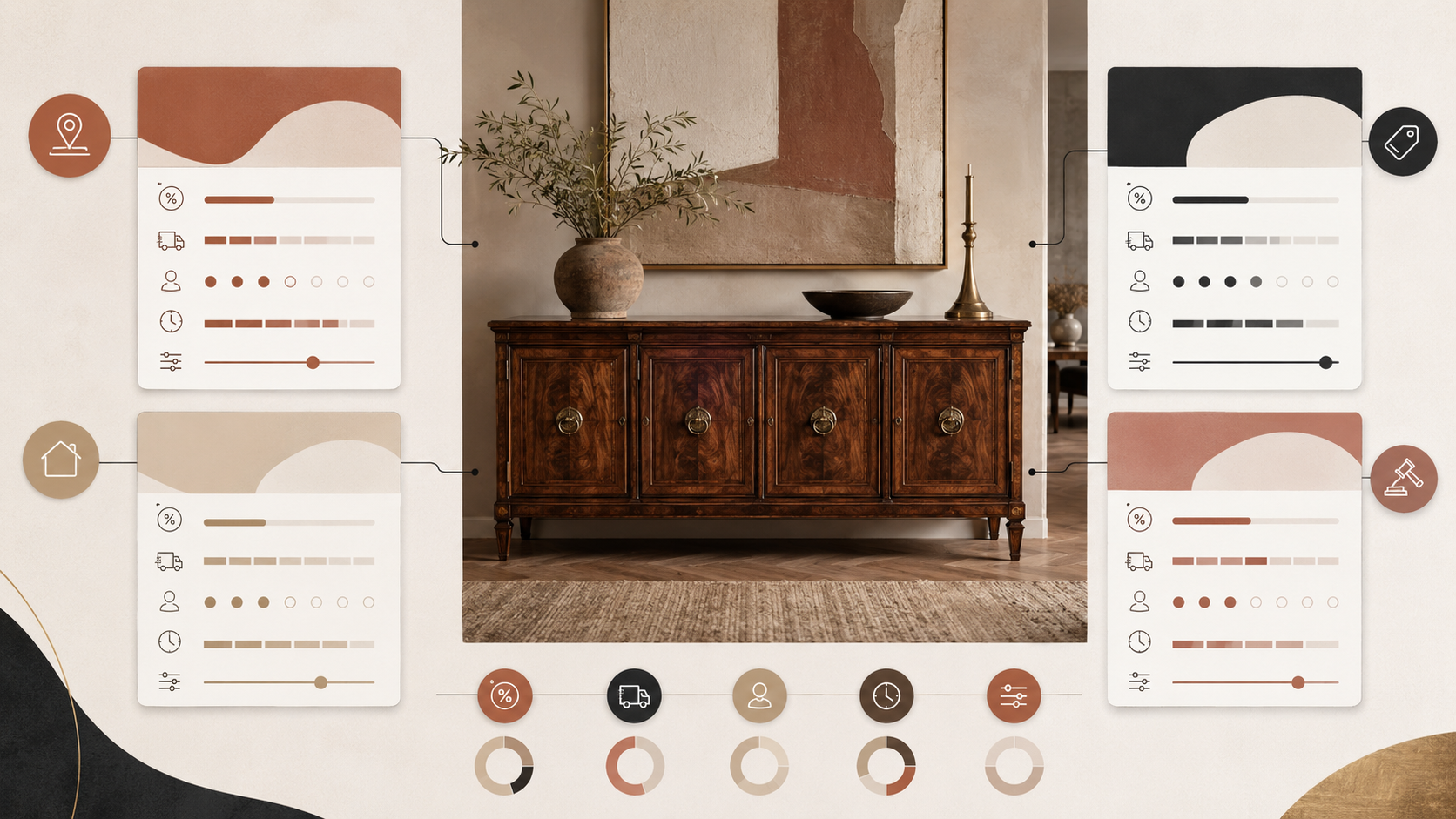 Editorial comparison board showing furniture resale platform choices by fees, buyer fit, shipping, and seller control.