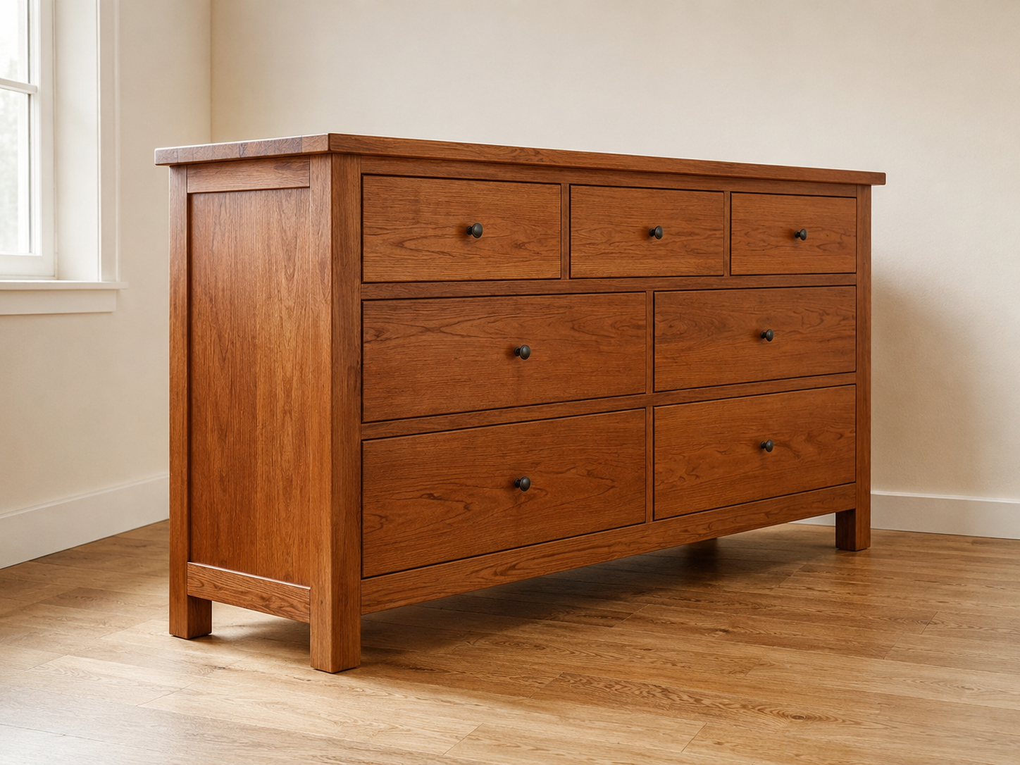 Solid wood dresser staged at a 3/4 angle with natural side light for a resale listing photo.