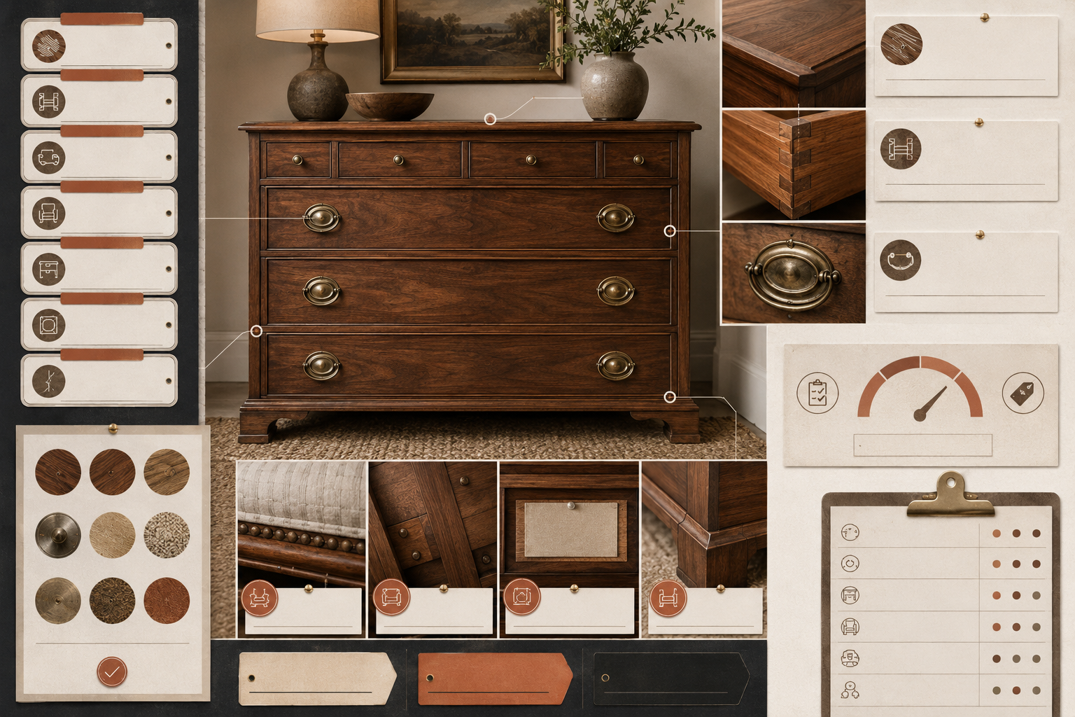 Furniture dealer inspection study showing material, condition, joinery, hardware, and resale value signals.