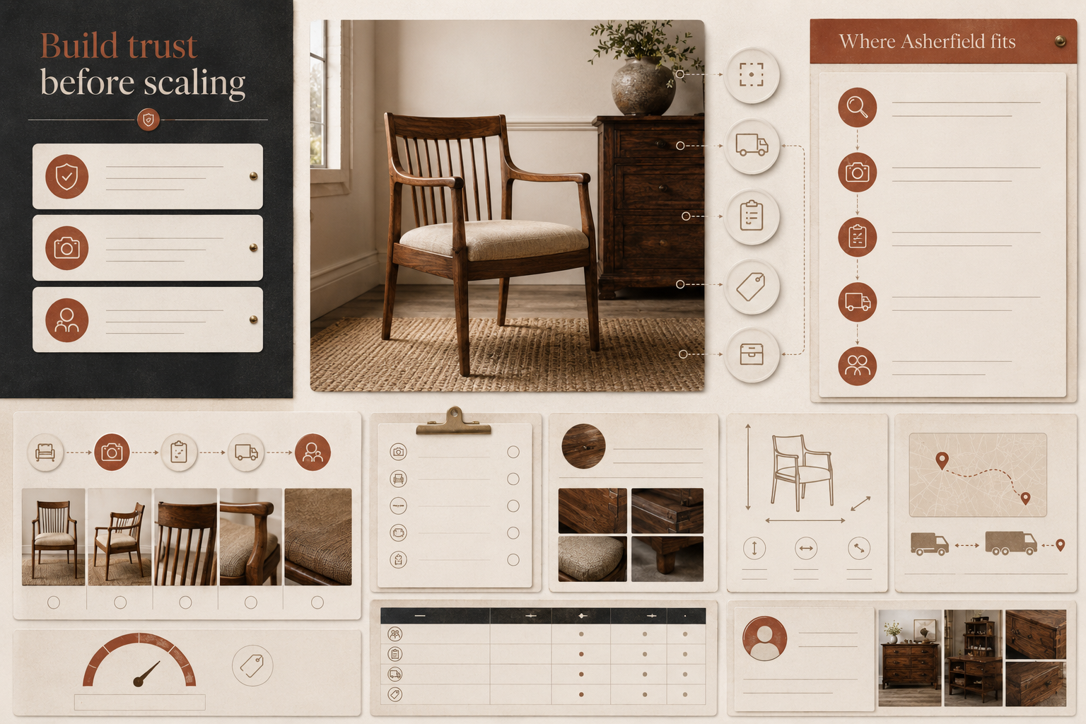 Furniture dealer listing system showing photos, pricing notes, condition records, pickup details, and seller profile flow.