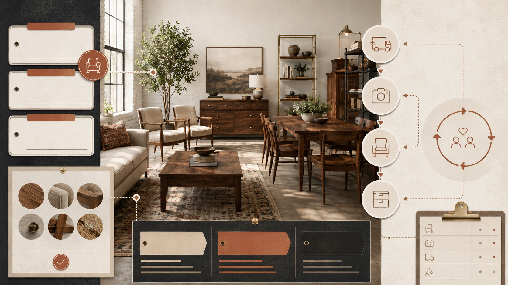 Visual dealer system showing furniture sourcing, inspection, pricing, listing, pickup, and repeat sales.