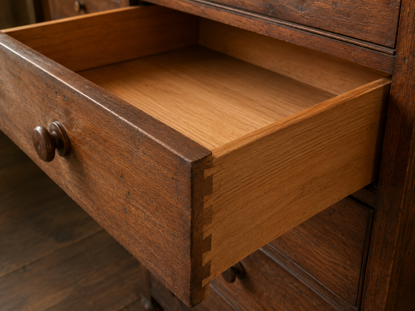 Solid wood dresser drawer pulled open showing dovetail joinery and clean interior construction.