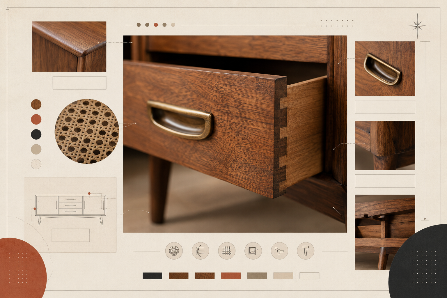 Annotated detail study of vintage furniture construction, finish, hardware, and condition signals.