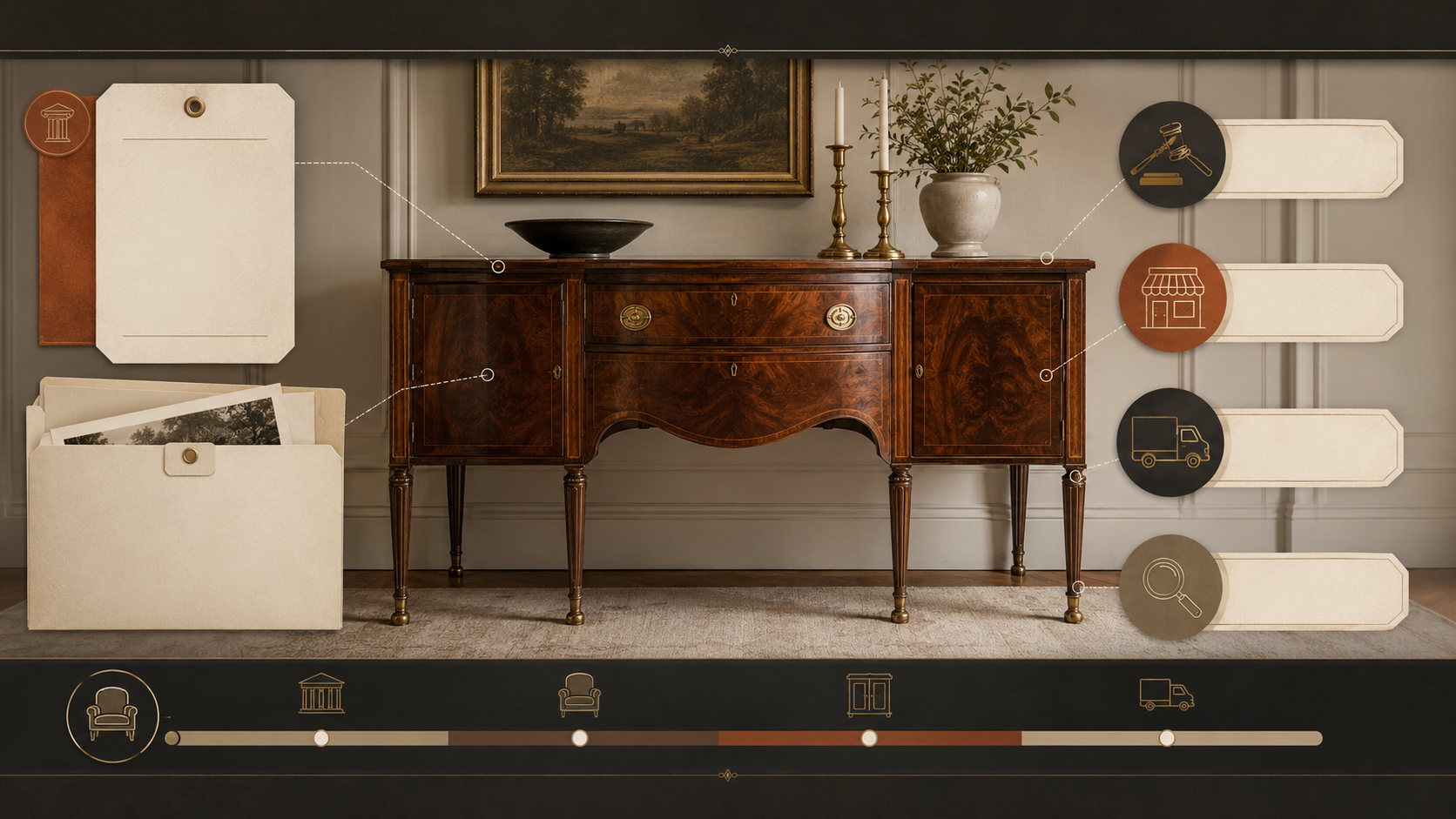 Visual guide showing antique furniture selling paths, including appraisal, dealer, auction, local marketplace, and provenance.