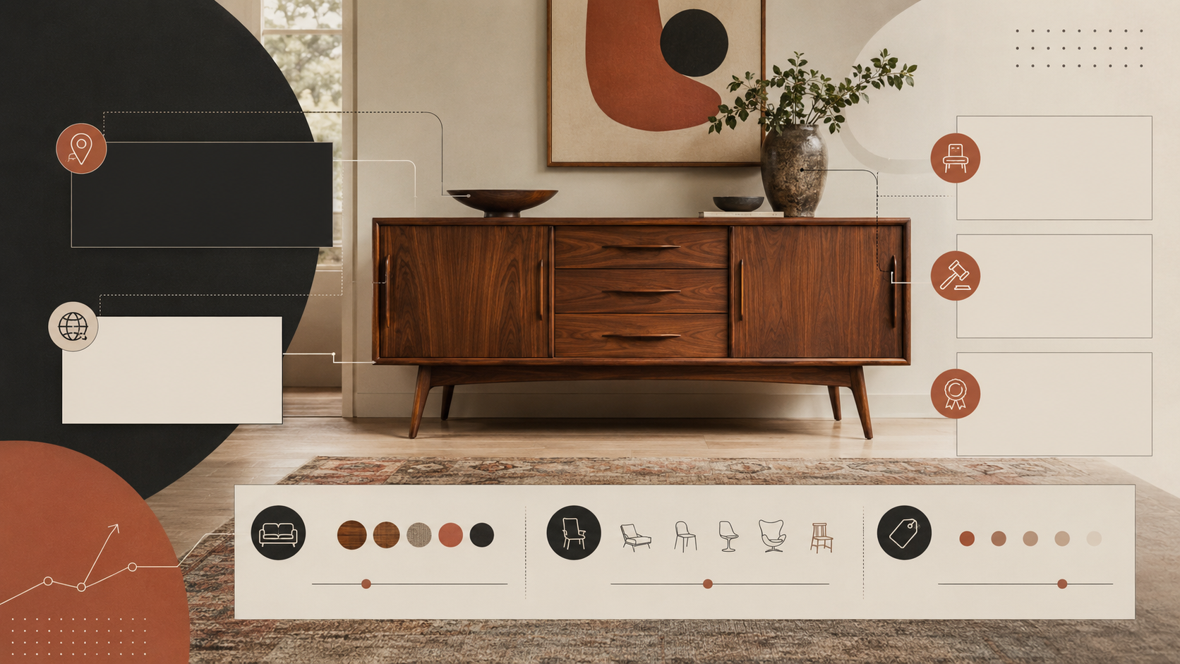 Visual guide showing how vintage furniture sellers compare local resale, national marketplaces, dealers, and auctions.