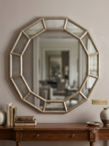 ​Michael S. Smith for Mirror Home 52" Large Octagonal Antiqued Gold & Smoked/Mottled Glass Wall Mirror