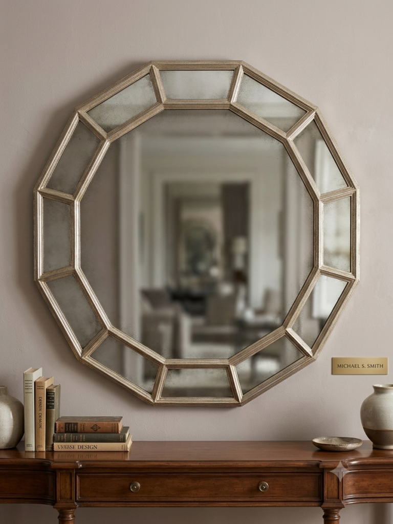 ​Michael S. Smith for Mirror Home 52" Large Octagonal Antiqued Gold & Smoked/Mottled Glass Wall Mirror