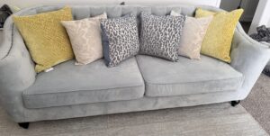 Elegant Gray Velvet Rolled-Arm Sofa with Nailhead Trim