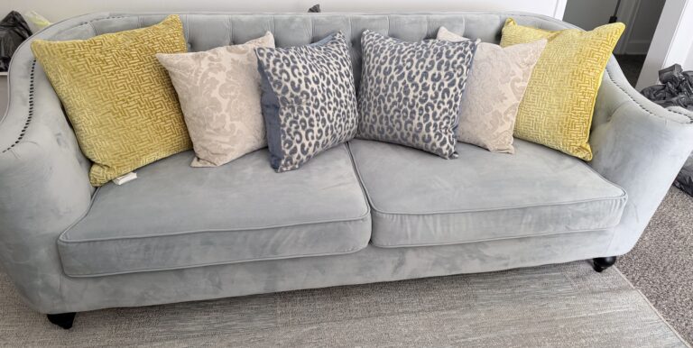 Elegant Gray Velvet Rolled-Arm Sofa with Nailhead Trim